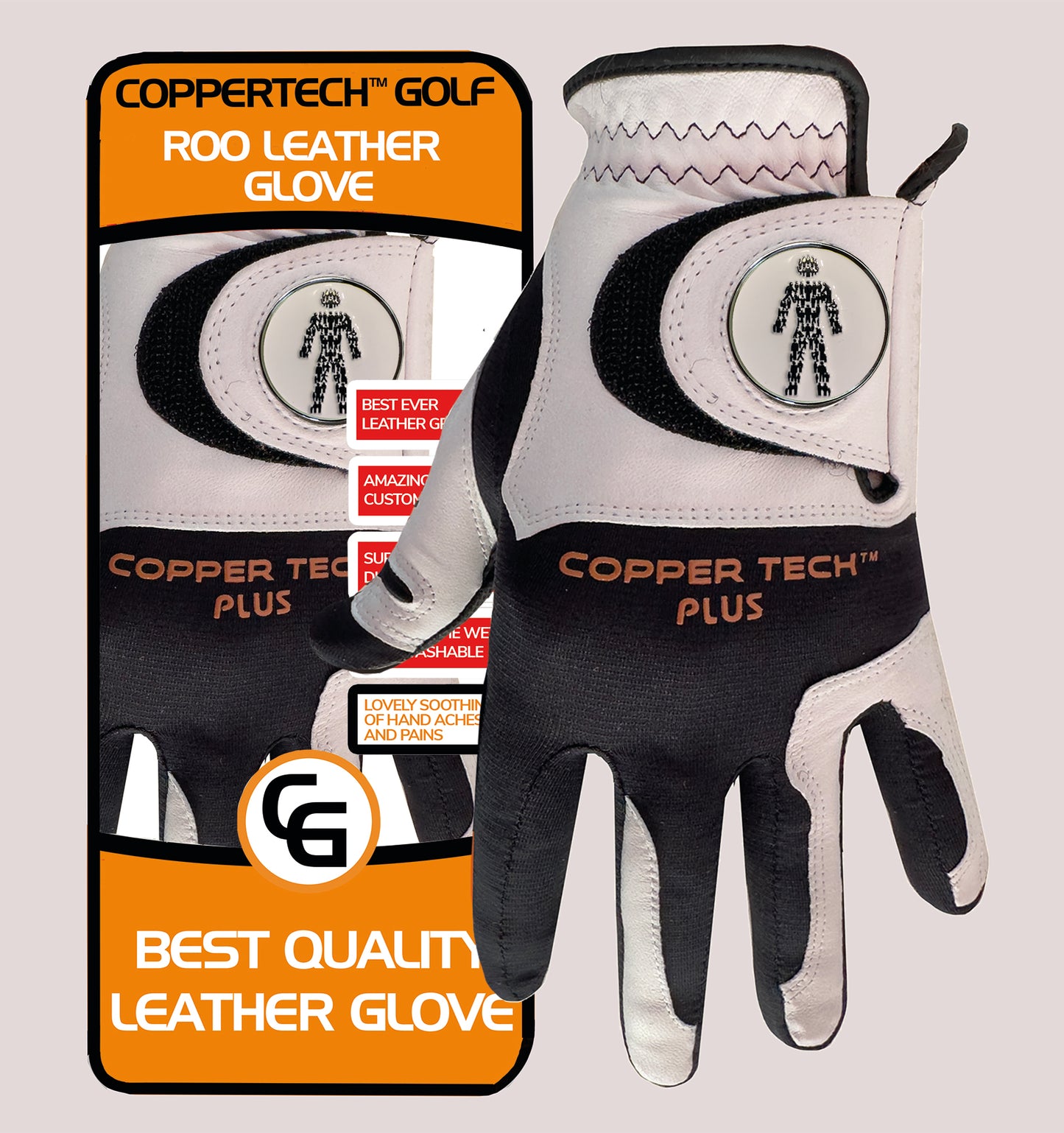 PROSTATE CANCER UK COPPERTECH PLUS ELITE GRIP ROO LEATHER BLACK/WHITE GOLF GLOVES